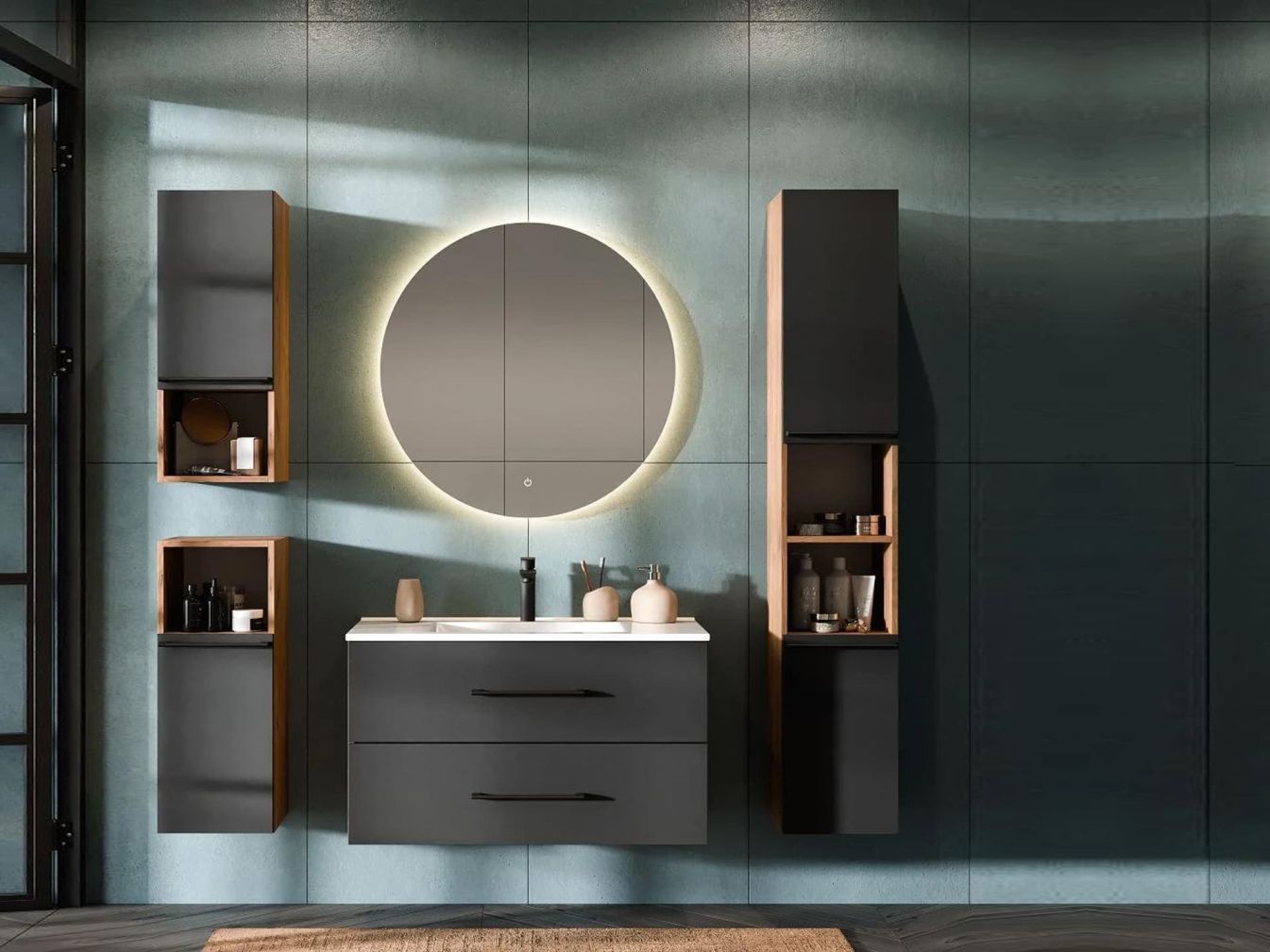 Waschbeckenunterschank LUX 90 cm gold eiche / anthrazit mit Einsatzwaschbecken weiß, Spiegel (mit LED), 2x Midischrank und 1x Hochschrank gold eiche / anthrazit