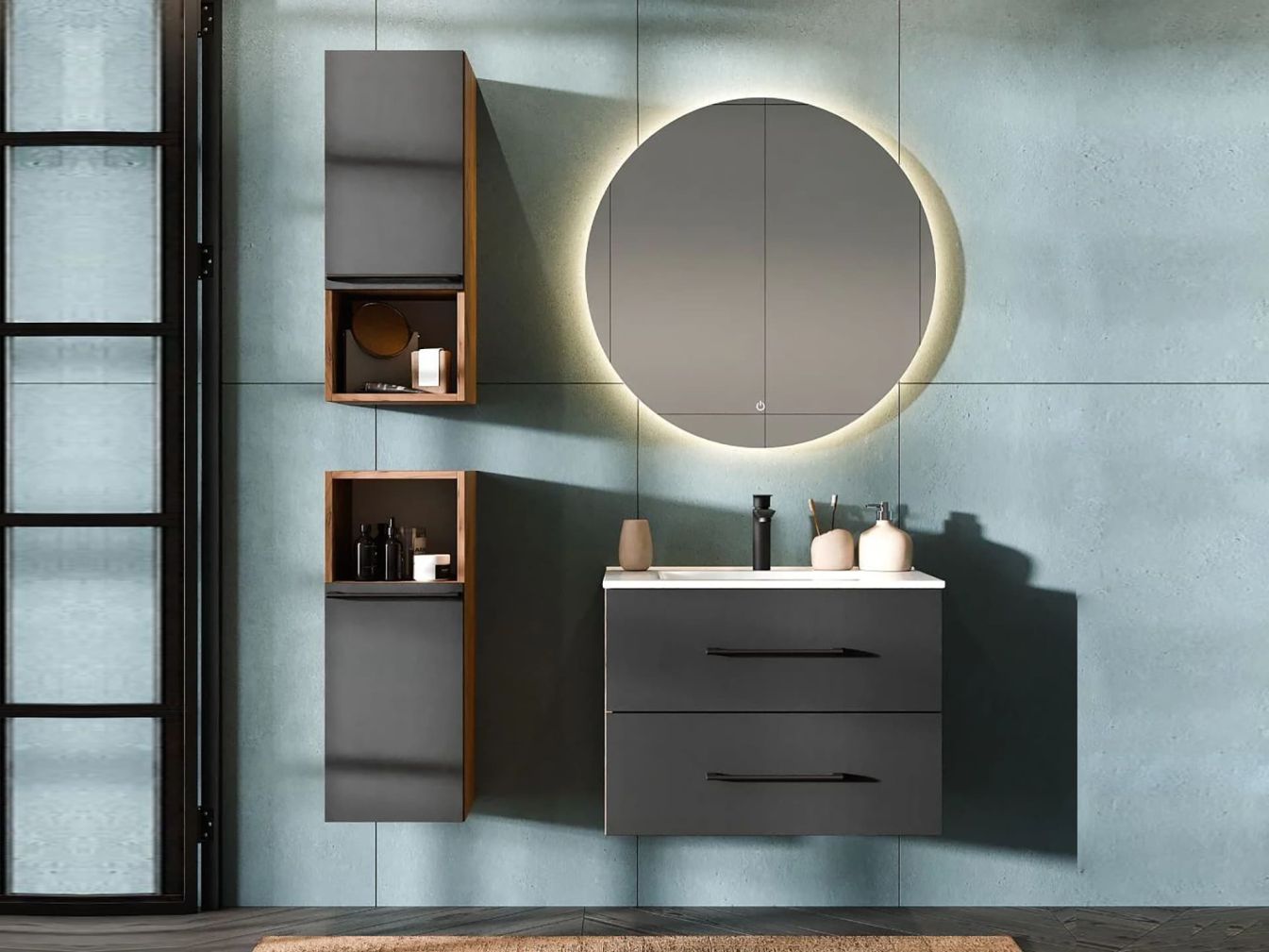 Badmöbel Set LUX 4-teilig 70 cm Gold eiche-anthrazit Waschbeckenunterschank mit Einsatzwaschbecken weiß und 2x Midischrank