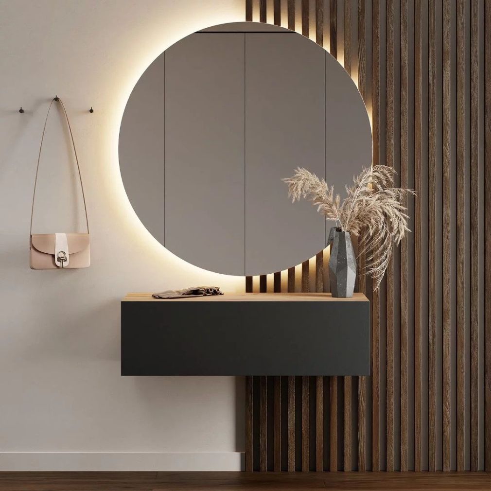 Flur Möbel Garderobe 1x Hängeschrank 100 cm gold eiche / anthrazit mit Nova Spiegel 100 cm