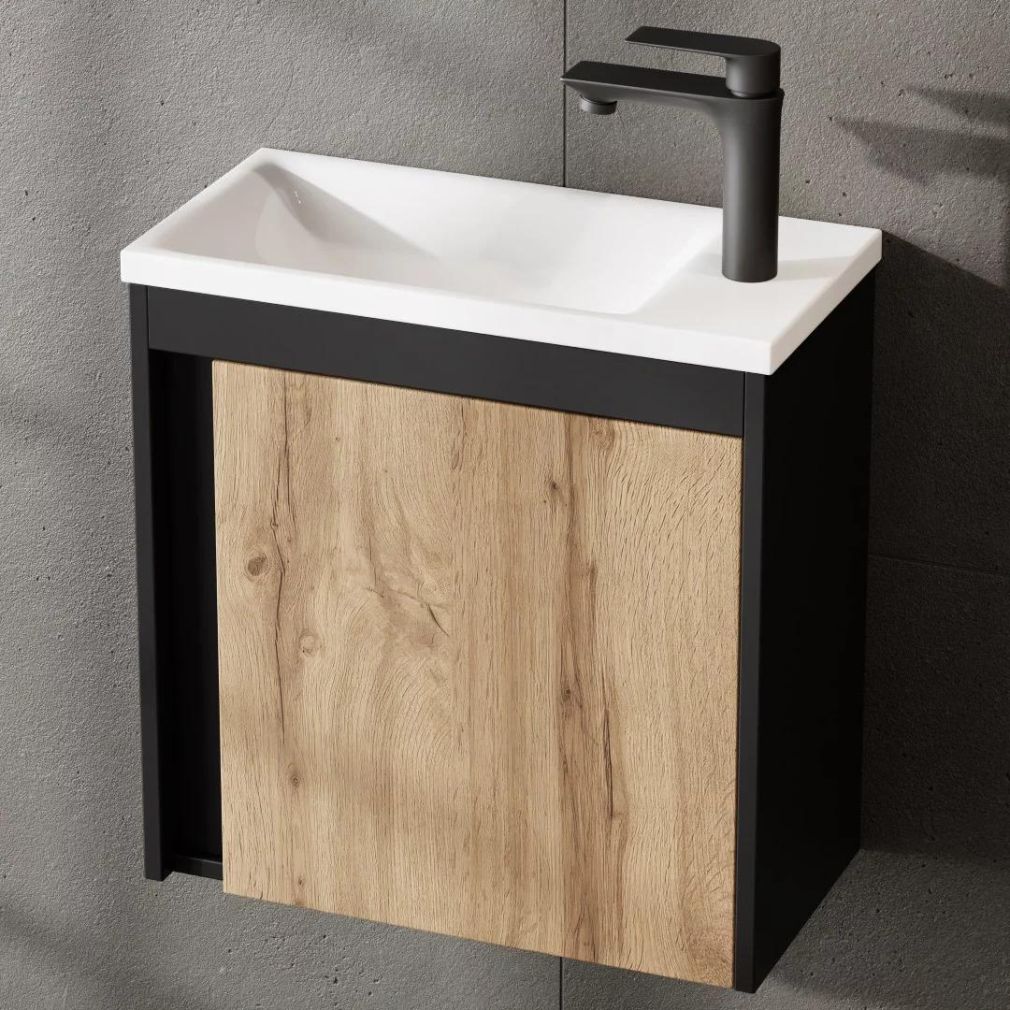 Badmöbel Set mit Waschtisch inkl. Waschbecken und LED-Spiegelschrank Schwarz matt / Wotan Eiche 50 cm