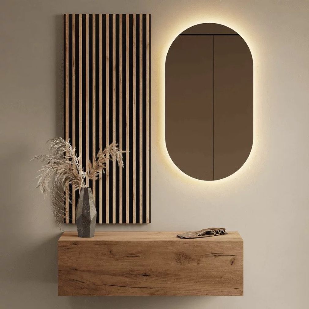 Flurgarderobe 100 cm mit Wandpaneele und Spiegel mit LED-Beleuchtung gold eiche