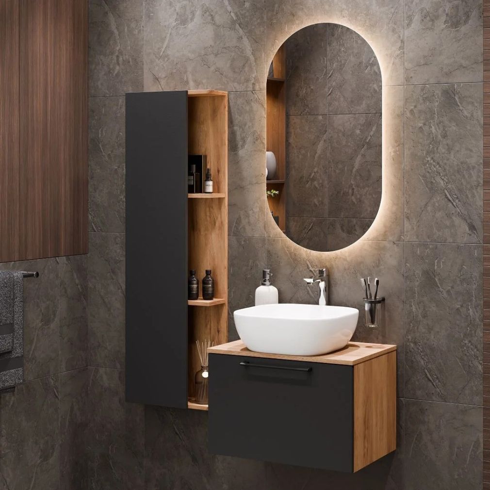 Waschtischunterschrank Astra 60 cm gold eiche / anthrazit mit Aufsatzwaschbecken weiß und Seitenschrank gold eiche / anthrazit