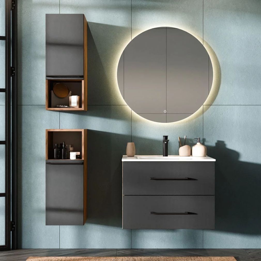 Badmöbel Set LUX 4-teilig 70 cm Gold eiche-anthrazit Waschbeckenunterschank mit Einsatzwaschbecken weiß und 2x Midischrank
