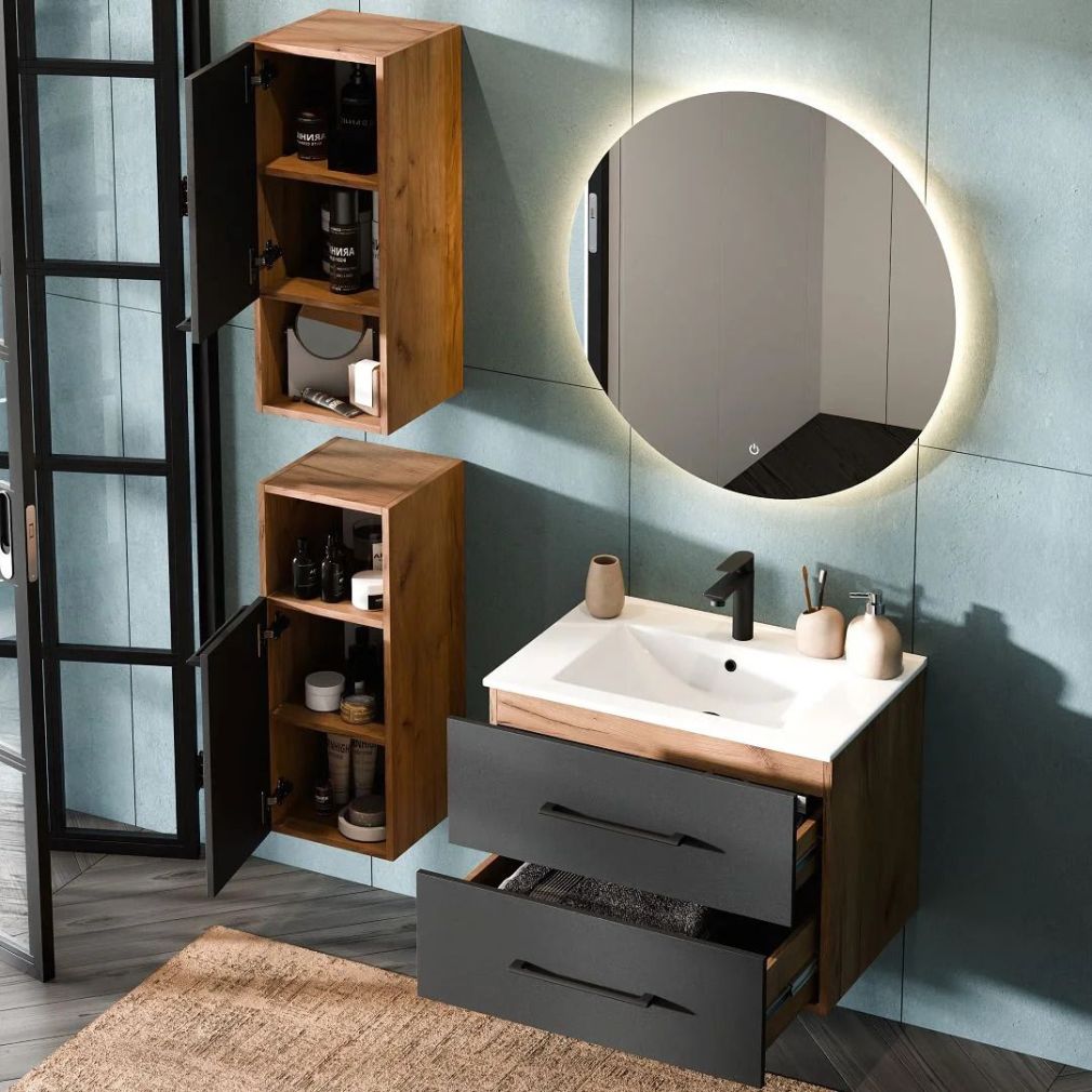 Badmöbel Set LUX 4-teilig 70 cm Gold eiche-anthrazit Waschbeckenunterschank mit Einsatzwaschbecken weiß und 2x Midischrank