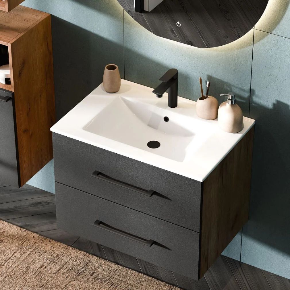 Badmöbel Set LUX 4-teilig 70 cm Gold eiche-anthrazit Waschbeckenunterschank mit Einsatzwaschbecken weiß und 2x Midischrank