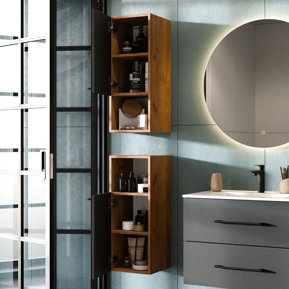 Badmöbel Set LUX 4-teilig 70 cm Gold eiche-anthrazit Waschbeckenunterschank mit Einsatzwaschbecken weiß und 2x Midischrank