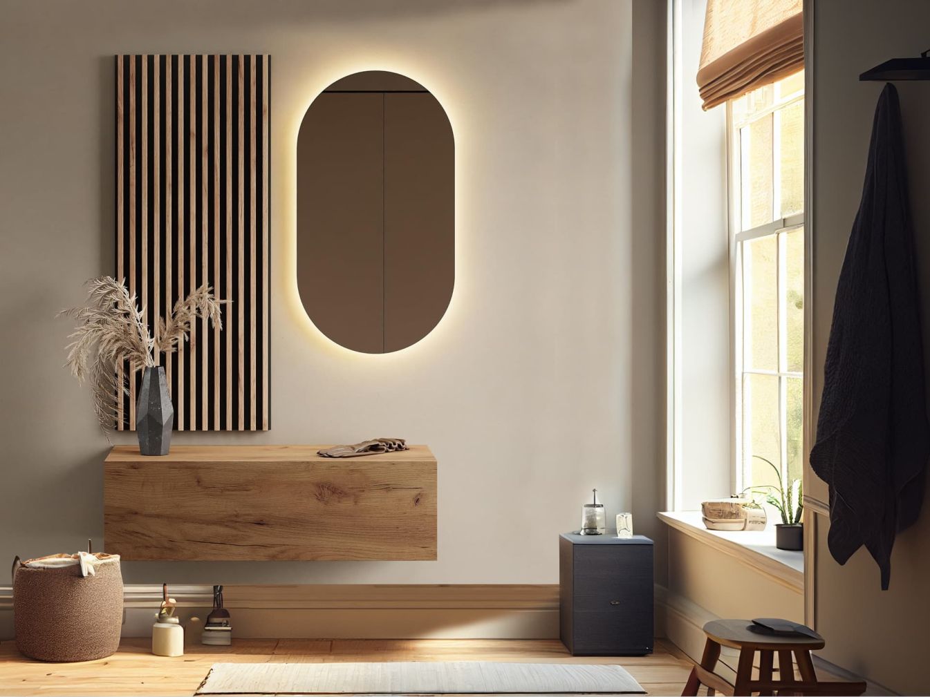 Flurgarderobe 100 cm mit Wandpaneele und Spiegel mit LED-Beleuchtung gold eiche